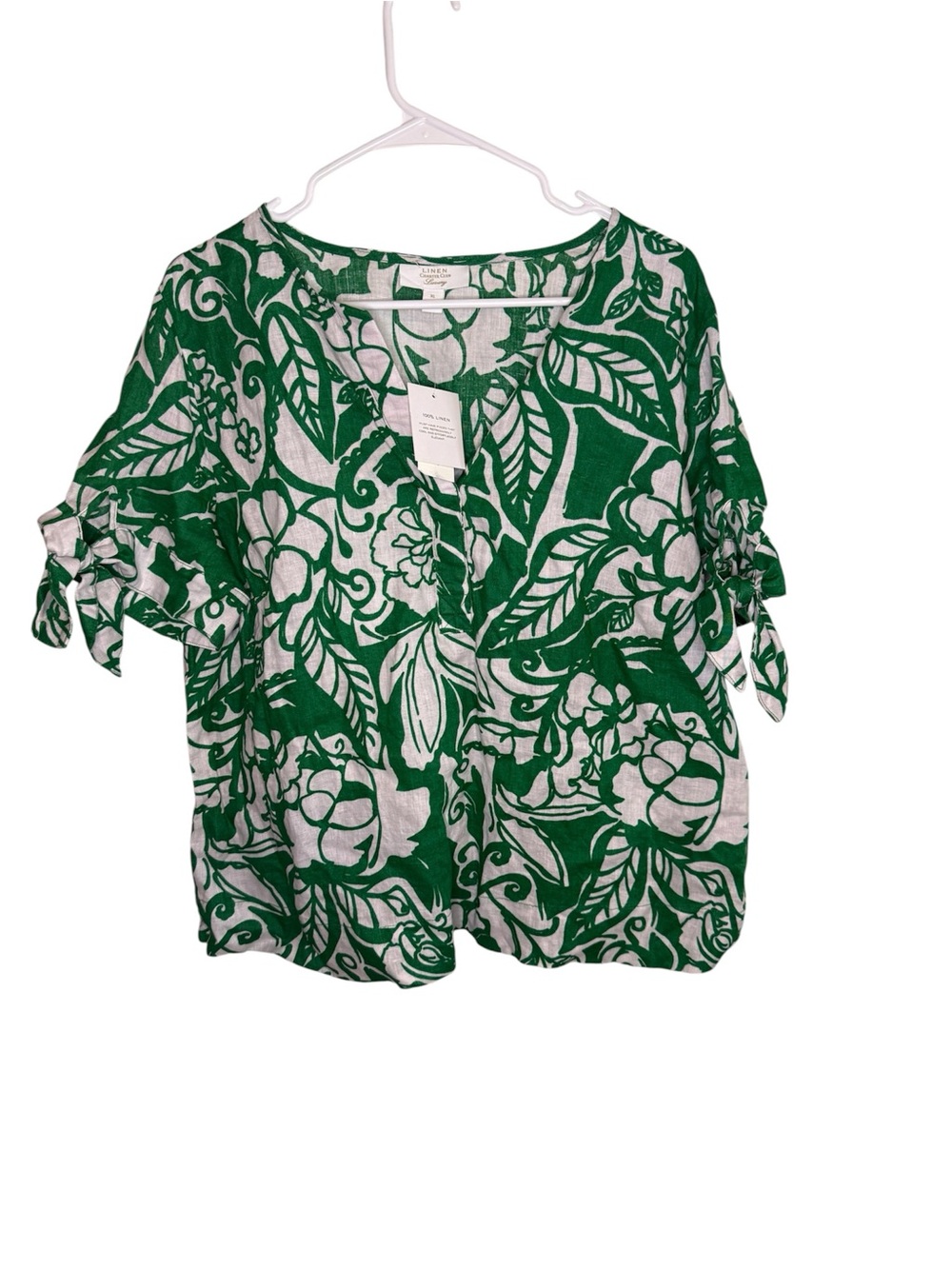 NWT Charter Club Luxury 100% Linen Green White Floral Tie Sleeve Blouse Size XL